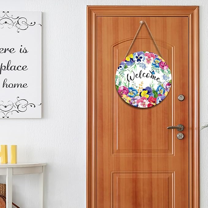 Harooni Welcome Spring Summer Floral Flowers Wreaths Sign for Front Door Decor Farmhouse Spring Wood Door Hanger Rustic Wooden Welcome Spring Hanging Door Wall Sign for Outdoor Outside Porch 12”x12”
