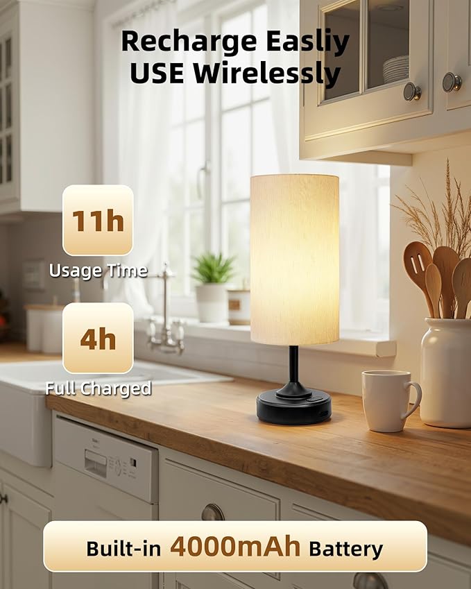 Battery Operated Lamp, Dimmable, Ambient Light, 2700K, Timer, Touch Control, Portable, LED, Wireless, Rechargeable, Cordless, Desk Lamp, Kitchen Lamp, Fabric Shade, for Bedroom, Living Room, Dorm