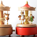 Natural Solid Wood Handcrafted Beech Wooden, Musical FigureTotoro/Carousel/Fairy/Ballerina Figurine,Rotating Hand Crank Mechanism Music Box,Musical Decorations (Red Merry-Go-Round)