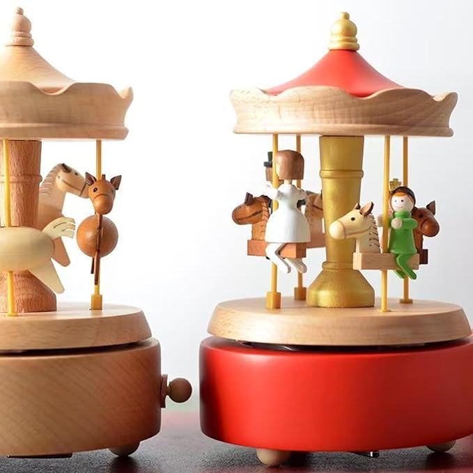 Natural Solid Wood Handcrafted Beech Wooden, Musical FigureTotoro/Carousel/Fairy/Ballerina Figurine,Rotating Hand Crank Mechanism Music Box,Musical Decorations (Red Merry-Go-Round)