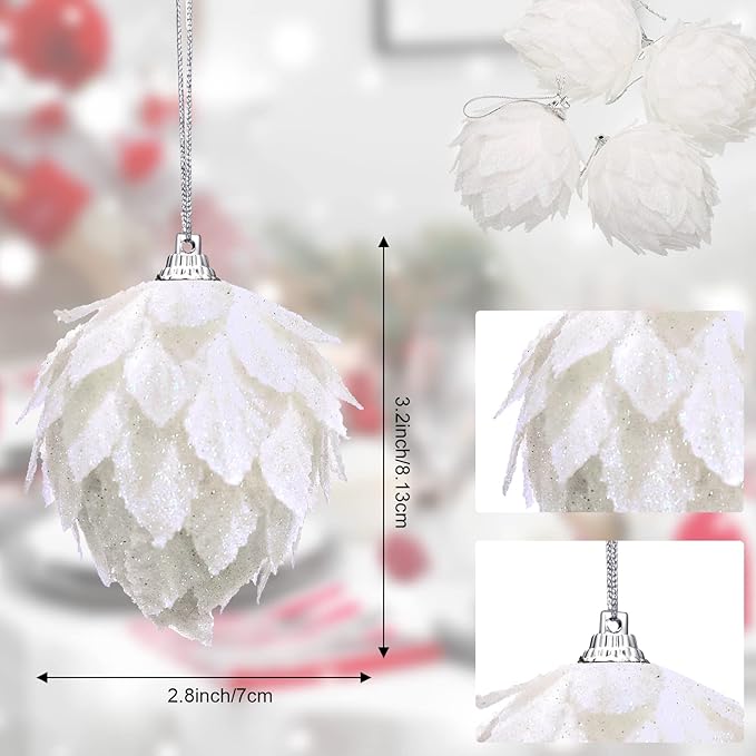 Jetec 8 Pieces Christmas Ornaments Glitter Christmas Tree Hanging Decoration Decorative Artificial Pine Cones Flowers Hanging Ornaments for Winter Wreath Holiday Decor(White)