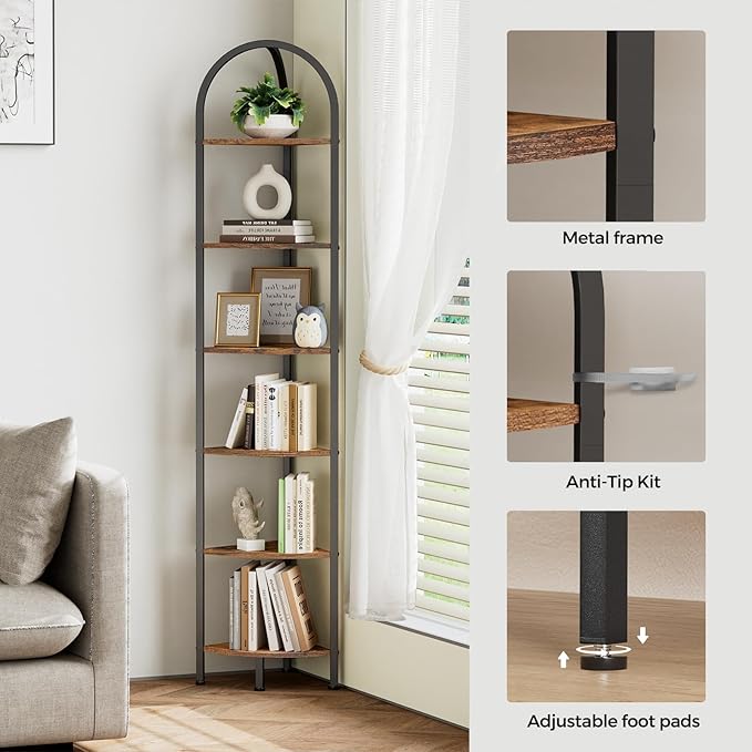 Homhedy 6-Tier Arched Corner Shelf Stand, Wall Corner Bookshelf with Metal Frame, Plant Stand, Industrial Storage Rack Shelf for Living Room, Bedroom, Office, Bathroom, Rustic Brown and Black