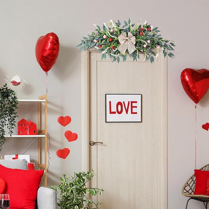22'' Valentines Wreaths for Front Door Valentines Teardrop Swag Pink and Red Hearts for Valentine's Day Anniversary Wedding Decor Eucalyptus Wreath