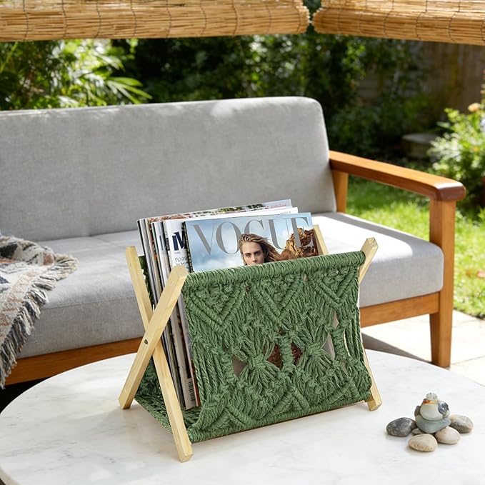 Boho Macrame Magazine Holder,Hand-Woven Magazine Rack for Home Office Desktop, Storage Basket for Letters, Magazines, Books and Newspapers (Green)