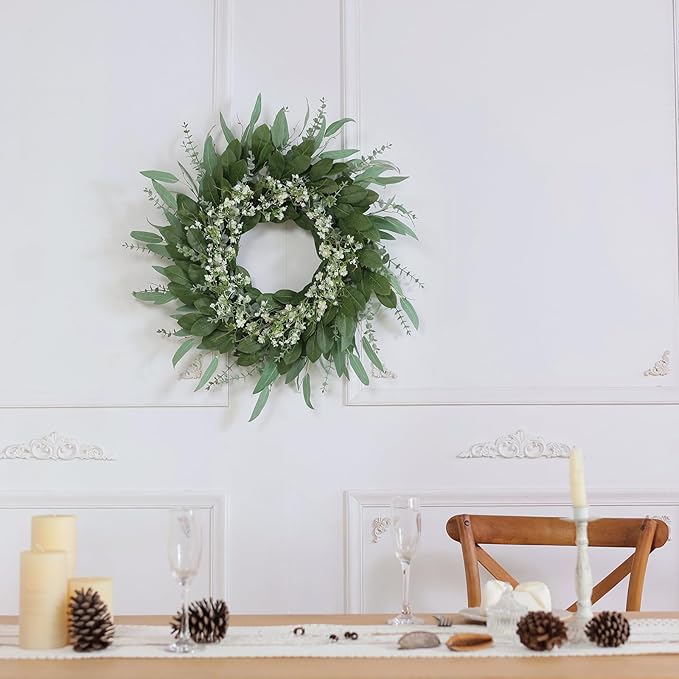 26'' Eucalyptus and Babys Breath Flowers Wreath for Front Door - Large Artificial Greenery Outdoor Wreath for Porch,Window,Farmhouse,Home,Hanging Decor- Spring, Summer, All Seasons (Green-White)