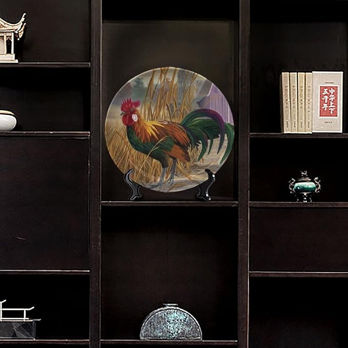Rooster Decorative Plates, 10 Inch, Chicken In Rice Field Round Display Plate, Hanging Decorative Plate with Display Stand, Ceramic Craft for Wall Hanging Decorative