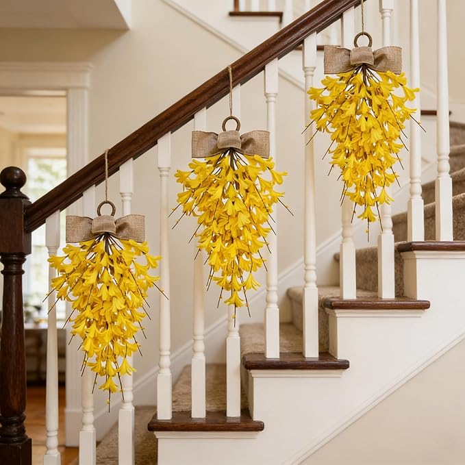 Forsythia Teardrop Swag 18 Inch, 2Pcs Artificial Spring Summer Floral Swags, Flower Hanging Swag for Window Wall Wedding Party Home Decor (Yellow)