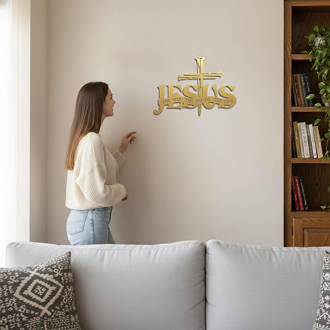 Jesus Cross Metal Wall Decor Christian Wall Art for Home Religious Cross Decoration Living Room Bedroom Prayer Room The Way The Truth The Life Christ Inspired Christian Gift for Family Friends(Gold)