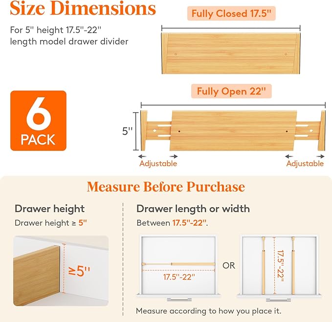 Lifewit 5" High 6 Pack Bamboo Drawer Dividers 45-55cm/17.5-22" Adjustable Wooden Drawer Organizer for Clothes/Utensils, Expandable Drawer Separator for Dresser/Kitchen/Bedroom/Office Organization