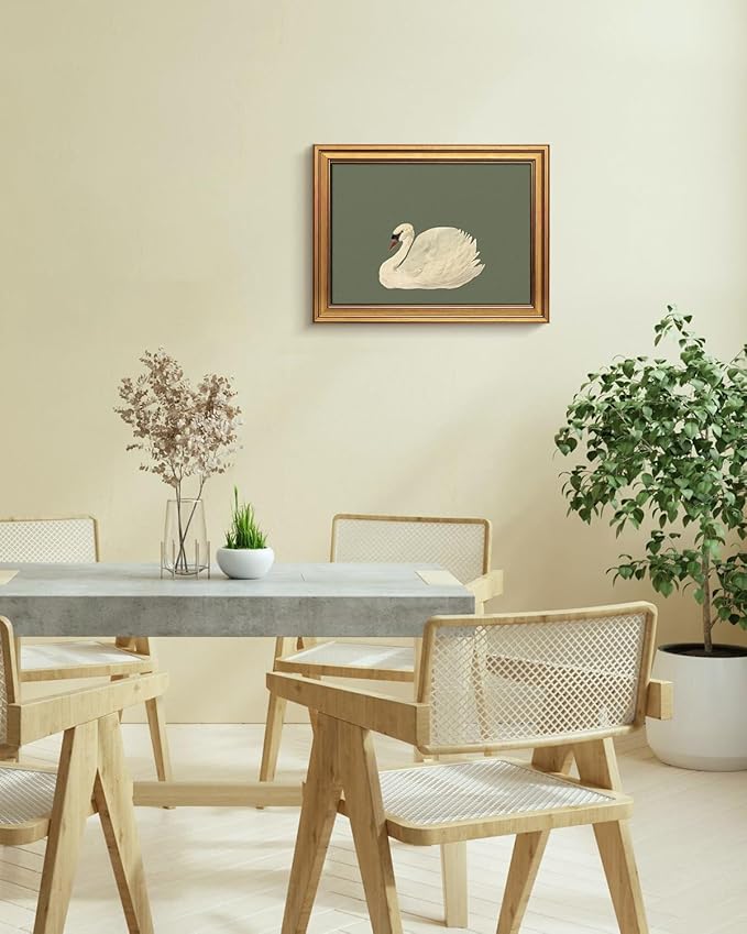VIYYIEA Vintage Gold Framed Wall Art for Living Room, Swan Canvas Prints Home Decor, Oil Painting Picture, Bedroom Wall Decor Gifts for Friends or Family -【Swan Green】-(16L x 12W)