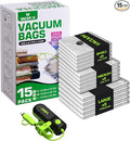 Vacuum Bags for Travel with USB and TYPE C Pump,vacuum seal travel bags,15 Pack Carry-on Size Compression Packing Bags for Luggage,Space Saver for Clothes and Clothing Travel（Green）