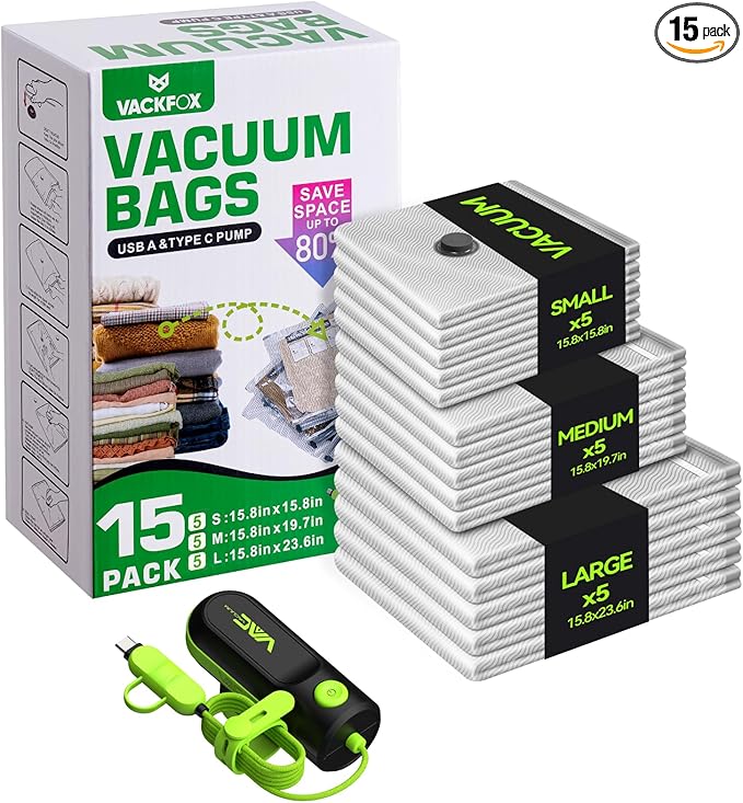 Vacuum Bags for Travel with USB and TYPE C Pump,vacuum seal travel bags,15 Pack Carry-on Size Compression Packing Bags for Luggage,Space Saver for Clothes and Clothing Travel（Green）