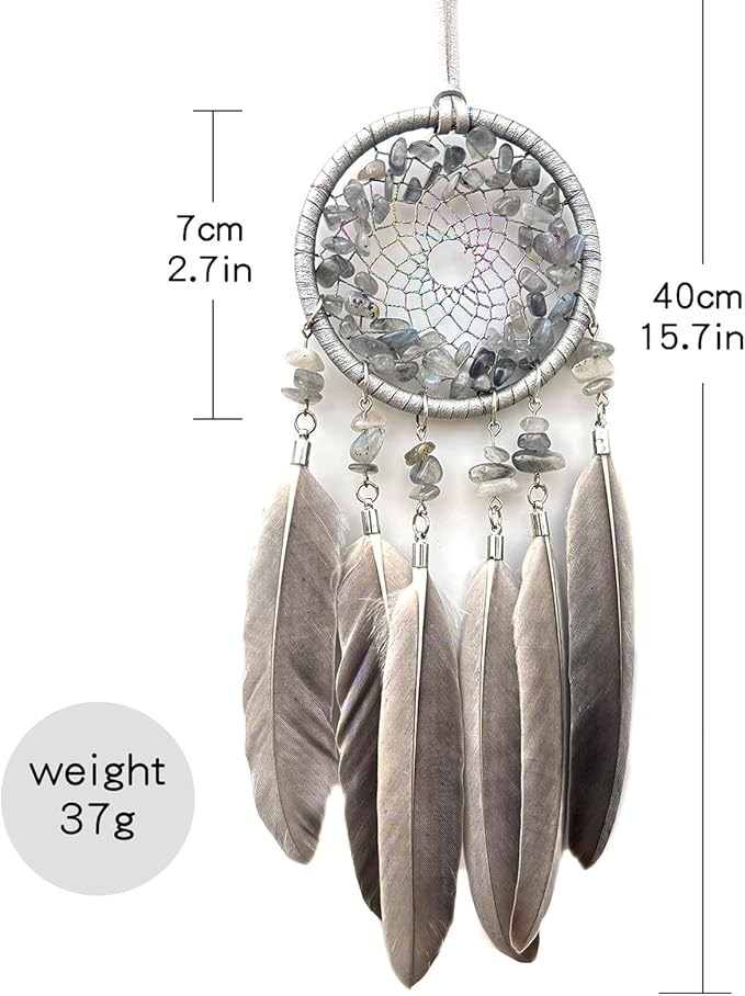 Car Rear View Mirrior Hanging Accessories Gray Dream Catcher Small, Crystals Stones Feather Pendant Interior Rearview Mirror Decoration
