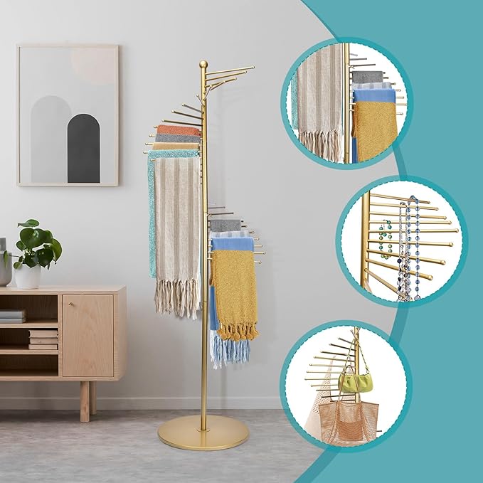Metal Scarf Rack, Freestanding Spiral Scarf Holder Commercial Hijab Organizer Belt Pants Hanger with 30 Rods for Clothing Store Home, Space Saving Shelves (Color: Gold, Size: 17''x67'')