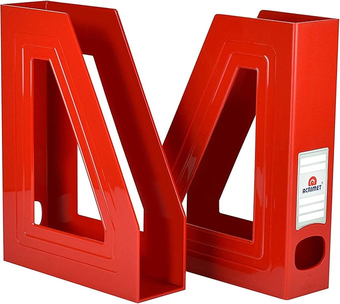 Acrimet Magazine File Holder Bin Storage, Vertical Rack for Documents, Folders and Mail, Durable Plastic Desk Organizer for Office & Home (Solid Red Color) (2 Pack)