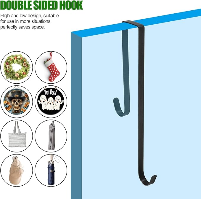 Premium Double Sided Wreath Hook for Front Door - Large Metal Hook Holds 2 Wreaths - Black, 9.4-15 Inch