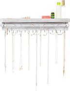 Rustic Necklace Jewelry Organizer - Gray White Wall Mount Jewelry Holder - Mounted Hanging Jewelry Storage Hooks for Necklace, Earrings, and Rings - Farmhouse Wood Decor Bedroom Boho Shelf Rack