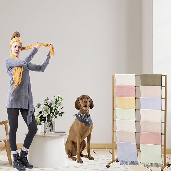 Gold Freestanding Metal Scarf Display Stand, Double-Sided Scarf Floor Standing Display Rack, Belt Shawl Hijab Organizer for Boutique Display, Commercial Home