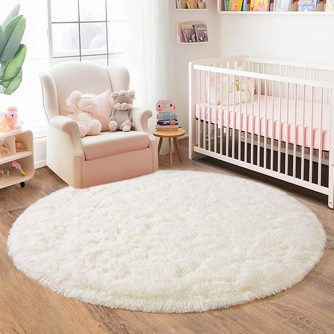5'x5' Cream Round Rugs for Girls Bedroom, Ultra Soft Fluffy Circle Rug for Kids Room, Cute Shag Rugs for Living Room Playroom Tent Castle Home Decor Rug