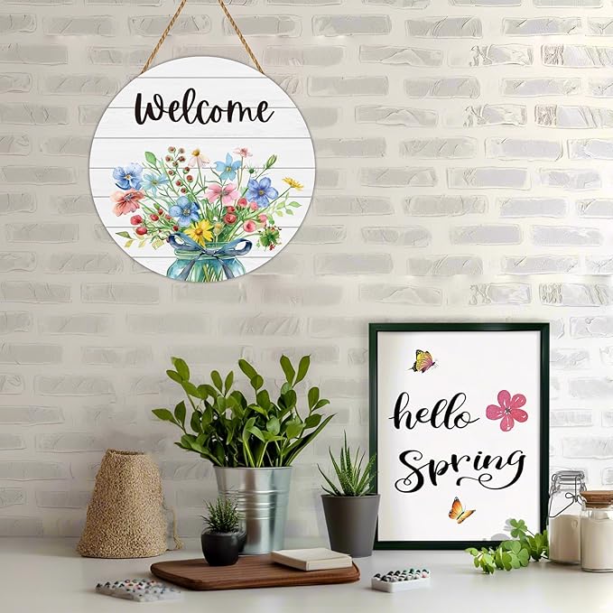 Spring Decorations for Home Spring Door Decor Mason Jar Flowers Wall Decor Wooden Wreaths for Front Door Hanger Welcome Sign for Porch Wall Indoor Home Decor (Flower)