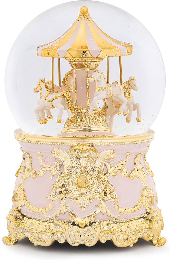Carousel Music Box Gold Pink Christmas Snow Globes, 7.1" Glass Rotate Carousel Snow Globe for Kids & Adults, Classic Wind up Musical Snow Globe Valentines Day Gifts, Carousel Horse Home Decor