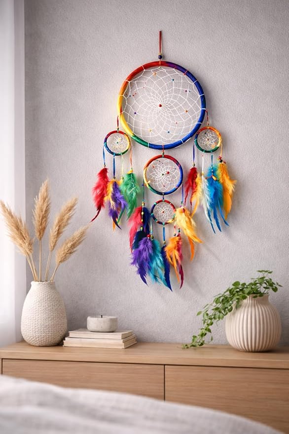 OMA Rainbow Chakra Dream Catcher Wall Decor – Handcrafted Dream Catcher with Multicolor Tie Dye Feathers for Bedroom, Living Room, Dorms & Gift – 7" Diameter x 22" Long