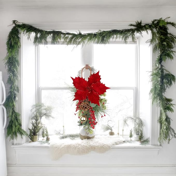 CITYES Christmas Swag Artificial Teardrop Swag Wreaths with Pinecones Red Berry Golden Ball Poinsettia Artificial Christmas Teardrop for Xmas Decor Front Door Outdoor Indoor Wall Mailbox