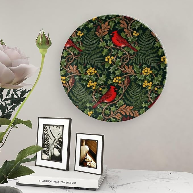 Custom Gifts Fashion Plates, William Morris Style Forest Christmas Holly Cardinals Hand-Painted Ceramic Decorative Plates Home with Display Stand, Funny Decor for Display Table Wall, 6", 7", 8", 10"