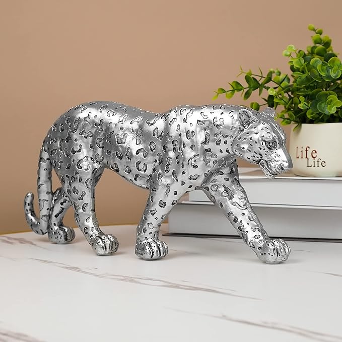 Cheetah Statue Home Decor Leopard Sculpture Resin Sitting Cheetah Figurine Desktop Table Top Ornament Decoration for Home Office-Gold Or Silver (Walking-Silver)