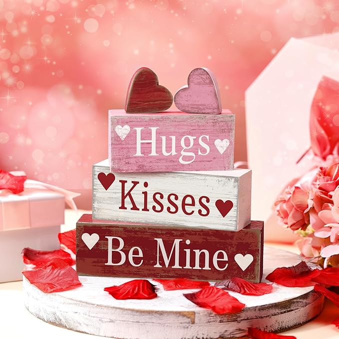 Moucuny 4 Pcs Valentine's Day Table Decorations Wooden Heart Valentine Tiered Tray Decor Valentine Day Centerpiece Rustic Decorative Heart Block Signs Gift Farmhouse Valentines Decor for Home Kitchen