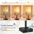 Touch Bedside Table Lamp For Nightstand - 3-Way Dimmable Night Lamp with USB A + Type C Charging Ports and two AC Outlets, Small Desk Light with E26 LED Bulb for Bedroom Living Room Office, Grey Black