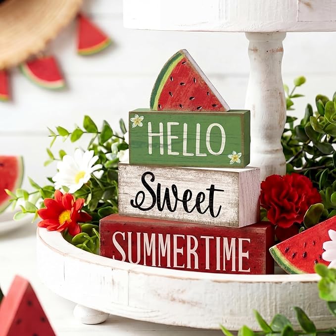 Moucuny 4 Pcs Summer Wooden Table Decor Watermelon Tiered Tray Decor Farmhouse Table Decoration Hello Sweet Watermelon Book Block Summer Decoration for Home Office Kitchen Mantel Shelf