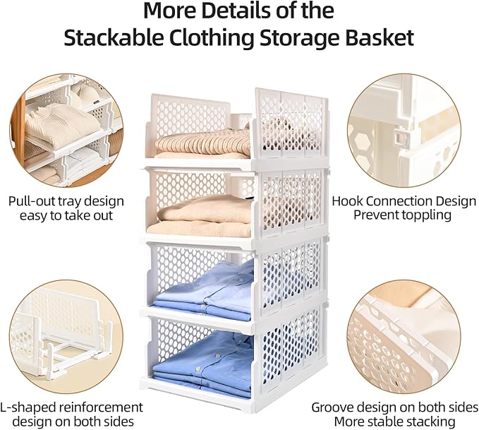 Pull-out Plastic Storage Basket,Stackable Closet Organizers Drawer Anti-Tipping, Reinforced Stable Shelf Container for Bathroom Laundry Room Storage, Space-Saving Clothes Storage (White, 5L)