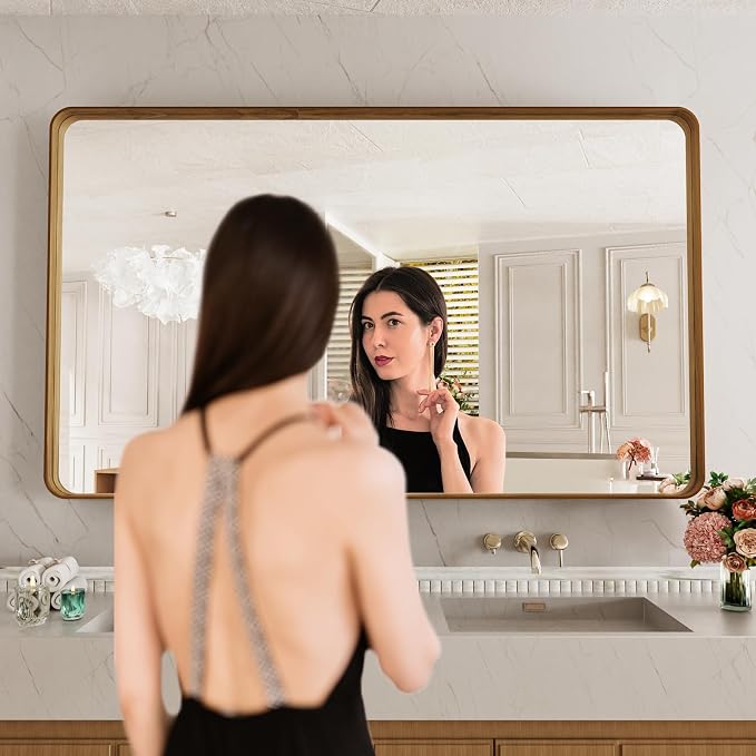 LOAAO 60X40 Inch Bathroom Mirror with Wood Grain Colored Metal Frame, Rounded Rectangle Metal Framed Bathroom Mirror, Anti-Rust, Hangs Horizontally or Vertically, Tempered Glass