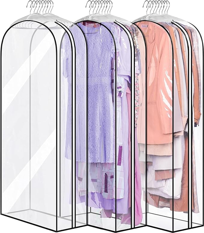 MISSLO 10" Gusseted All Clear Garment Bags for Hanging Clothes 50" Dress Bags for Closet Storage Coat Protectors for Suits, Gowns, 3 Packs