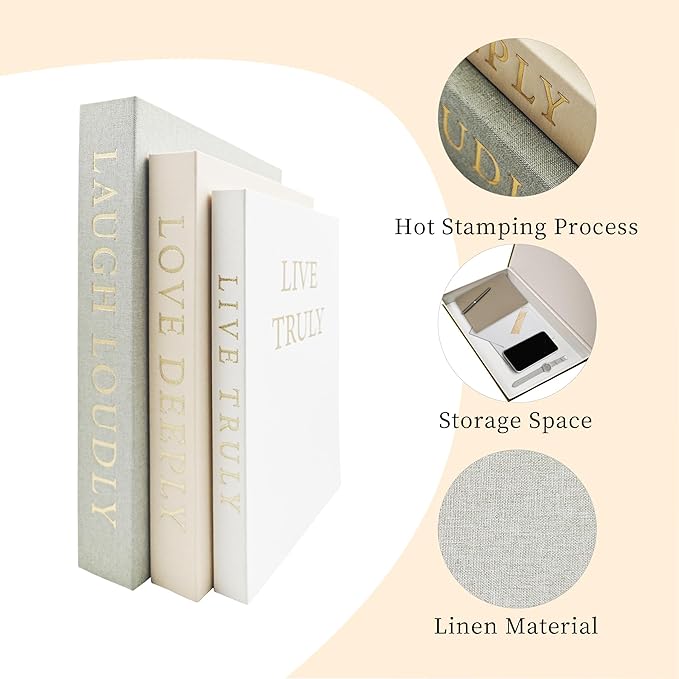 Aesthetic Decorative Books, Set of 3 Linen Fake Book Boxes, Faux Book Decor for Coffee Table, Bookshelf, Entryway Tables