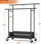 Clothes Rack, Double Rods Clothing Rack, Clothing Racks for Hanging Clothes, Rolling Clothes Rack with Storage Basket & Heavy Duty Wheels, Garment Rack for Bedroom, Laundry Room, Black