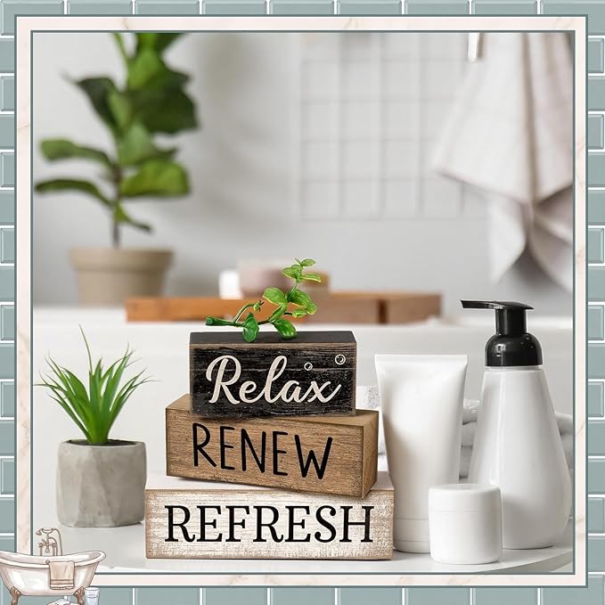 Moucuny 4 Pcs Bathroom Shelf Decor Sign Farmhouse Bathroom Decor and Accessories Rustic Eucalyptus Leaves Block Sign Gift Relax Renew Refresh Farmhouse Table Centerpiece for Home Office Toilet