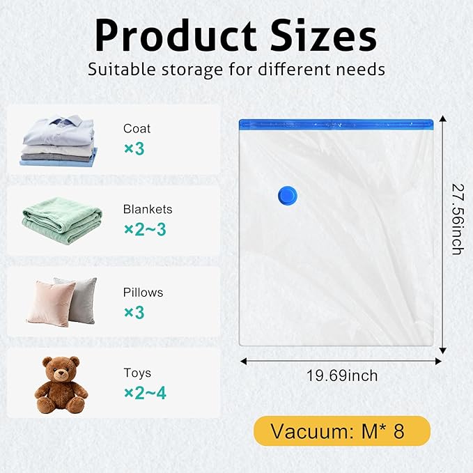 8 Pack Medium Travel Vacuum Storage Bags, Portable Vacuum Seal Bags for Clothing Travel with Pump, Space Saver Bag for Luggage Suitcases Clothes Bedding Seasonal Storage