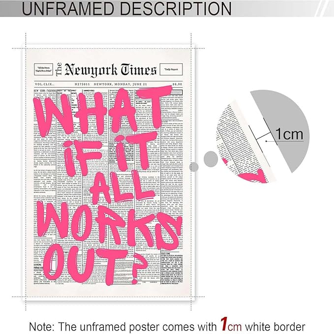 Drimiler Retro Newspaper Pink Font Poster What If It All Works Out Canvas Wall Art Positive Affirming Quote Minimalist Prints Painting For Home Bedroom Dorm Wall Decor 12x16in Unframed