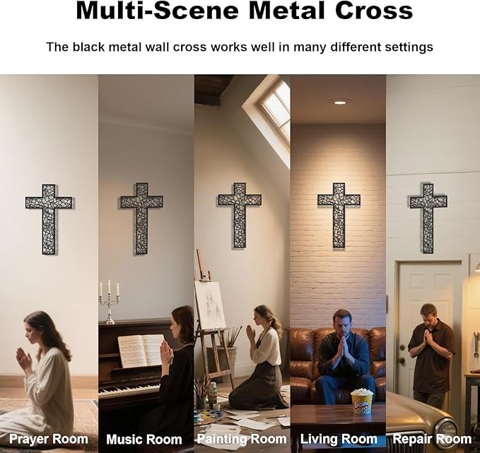 WORGO Metal Cross for Wall Crosses Wall Decor for Spiritual Home Decor and Gifting Metal Wall Art Christian Home Decor for Living Room Dining Room Bathroom (Black, 29.9" L x 19.8" W)