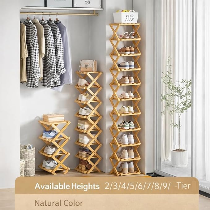 DDRIC The 9-Tier No-Assembly Bamboo Rack, Foldable 9 Tier Bamboo Shoe Rack with Collapsible Vertical Design, Space-Saving Shoe Storage Shelf for Entryway Closet Dorm, No-Tool Assembly (Brown,4)