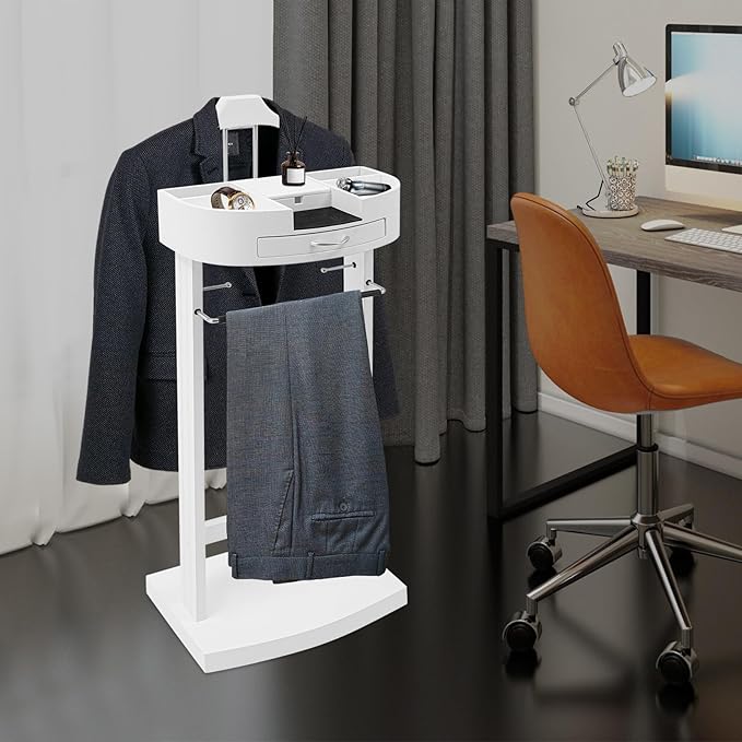 Suit Valet Stand for Man, 16.93x13.19x42.13in Wood Clothes Stand with Top Tray, Men Contour Hanger Valet Stand with Drawer, velvet lining, 66.14 lbs Load-bearing Capacity, Anti-slip Trouser Rack