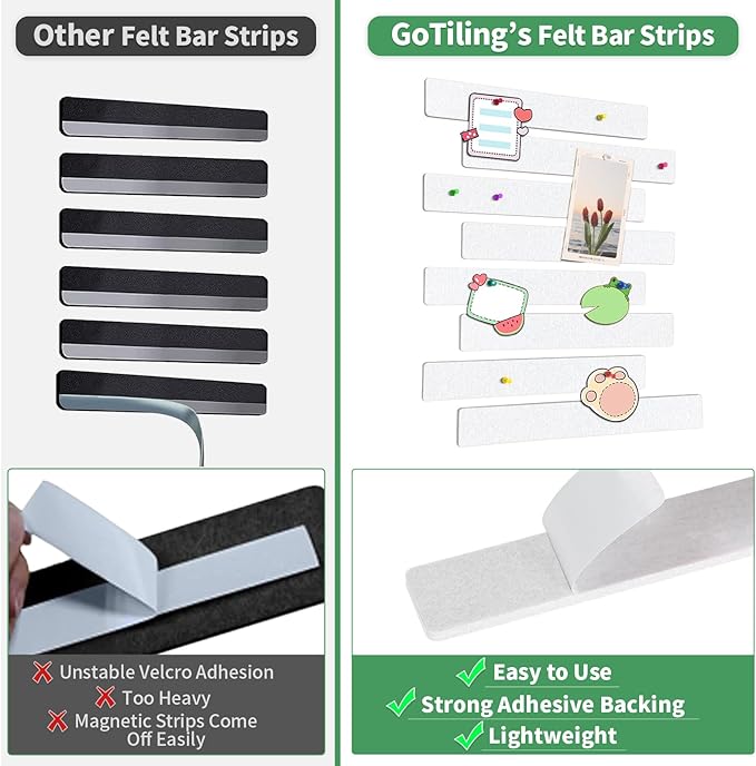 Cork Board for Walls - 8 Pack Felt Pin Board Bar Strips - Self-Adhesive Lightweight Bulletin Board - Cork Board for Office with 40 Push Pins No Damage for Wall (White)