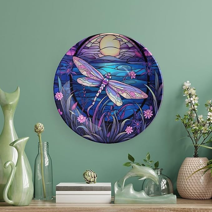 Decorative Plates for Home Decor, Bright Color Dragonfly Purple Stained Glass Print Decor Tray for Table Display, Ceramic Dinner Plate W/ Stand, Living Room Decor, Gifts for Dragonfly Lover, 6 Inch