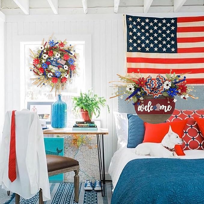 Idyllic 20Inch 4th of July Wreath Patriotic Independence Wreath for Front Door, Red White and Blue Daisy for Memorial Day Independence Day Veterans Day Front Door Decoration