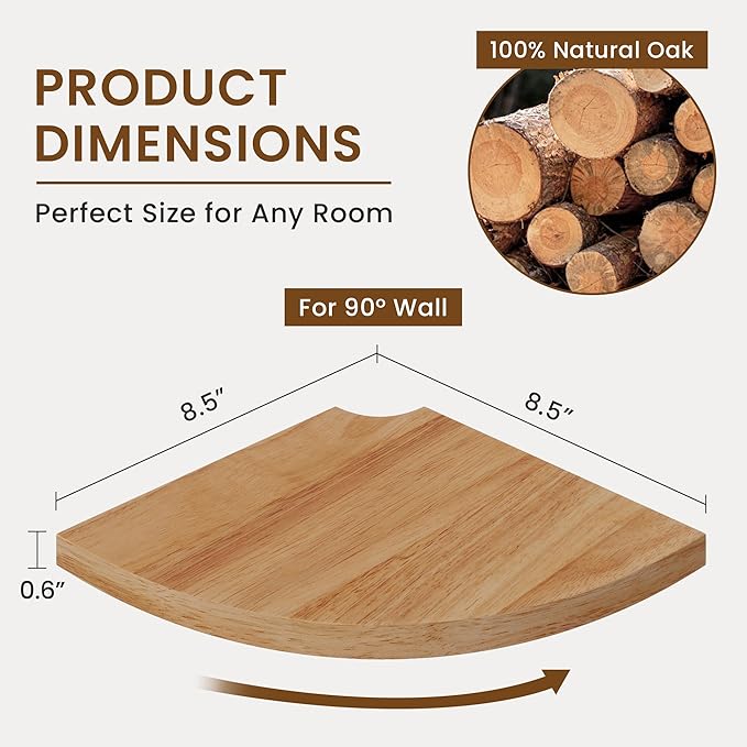 Fun Memories Corner Shelf Wall Mount, Solid Oak Wood Floating Corner Shelves with Cable Hole, 8.5in Rustic Design for Bedroom, Bathroom, Kitchen, Living Room (Natural, 1 Pack)