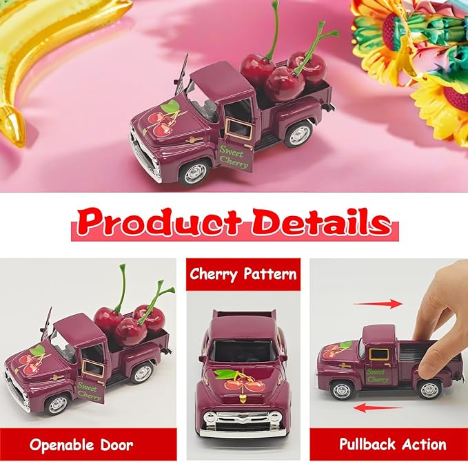 Cherry Decor – 4.9″Sweet Cherry Mini Vintage Metal Truck with 3 Fake Cherries for Themed Party Decorations, Home Kitchen Centerpieces for Tables, Farmhouse Pickup Truck Tiered Tray Decor Gifts