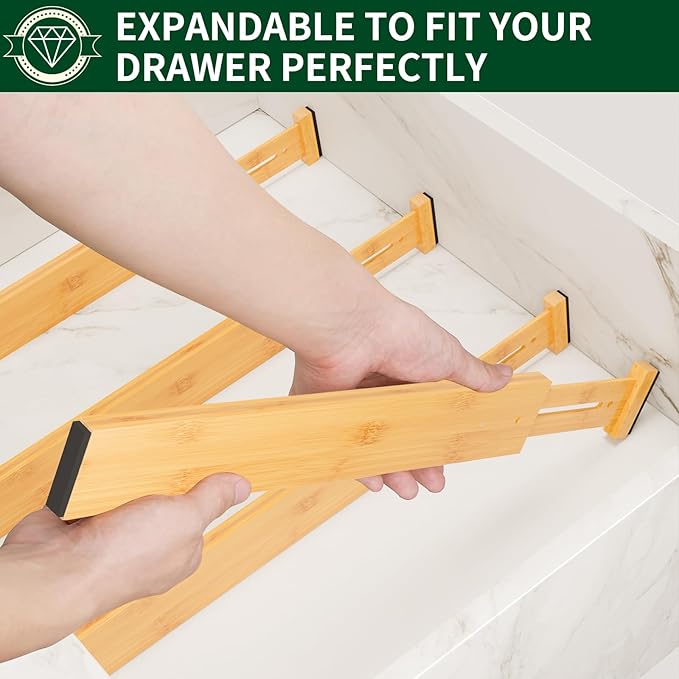 4 Pack Bamboo Drawer Dividers 2.6" High,Adjustable Spring Loaded Clothes Drawer Organizers for Kitchen, Dresser, Bathroom, Bedroom and Office