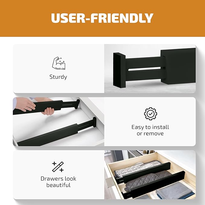 4-Pack Bamboo Drawer Dividers - 2.6" High, 12.5"-17" Adjustable Drawer Organizers for Clothes, Expandable Dresser Separators in Bedroom/Bathroom/Kitchen/Office Organization and Storage (Black)